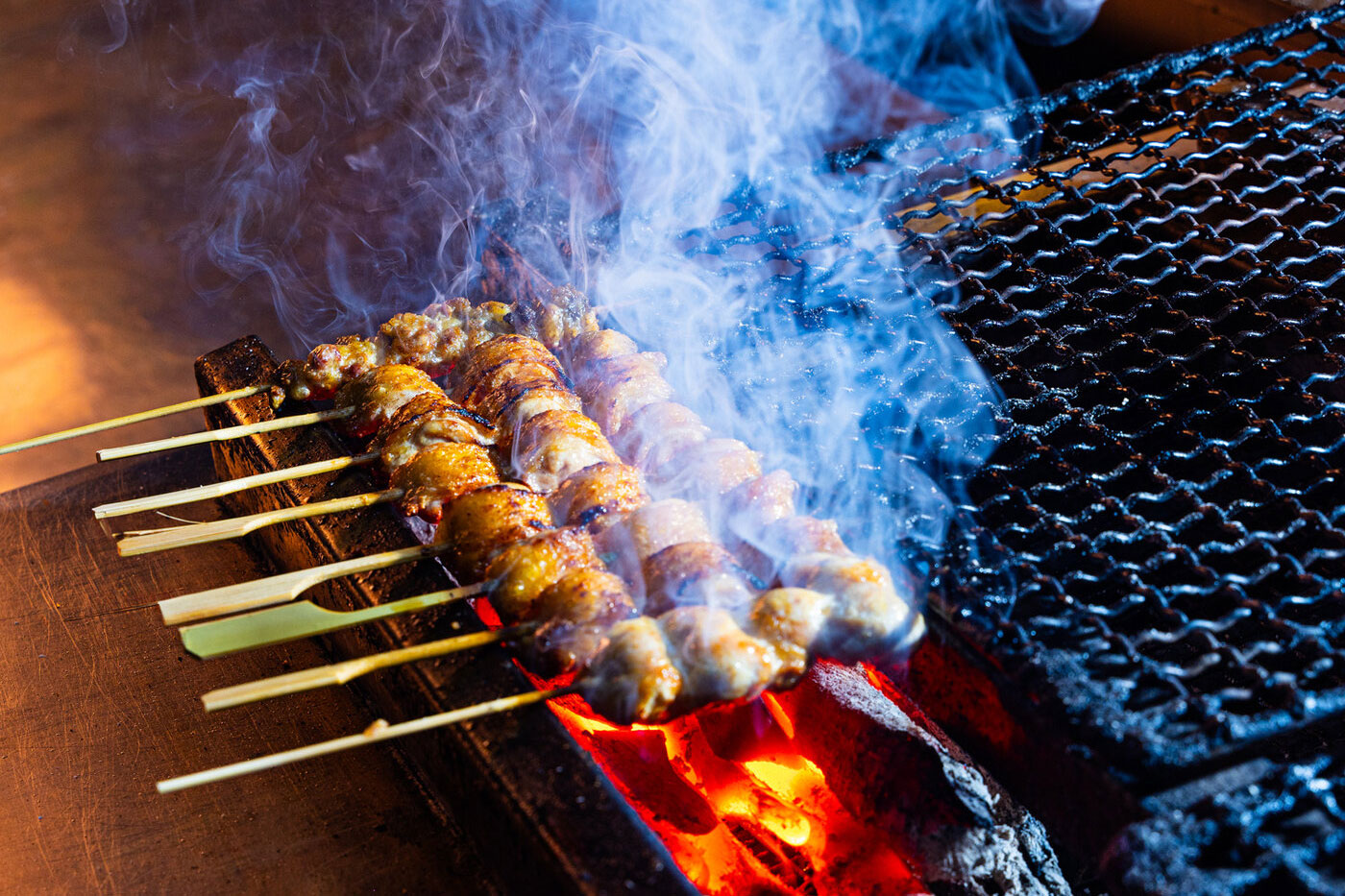 Skewers on a grill.