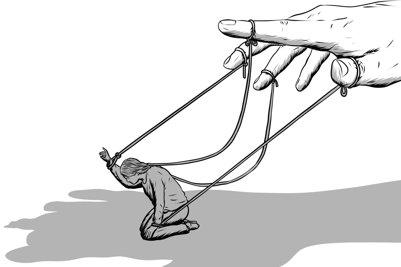 An illustration of a hand pulling strings to control a woman.